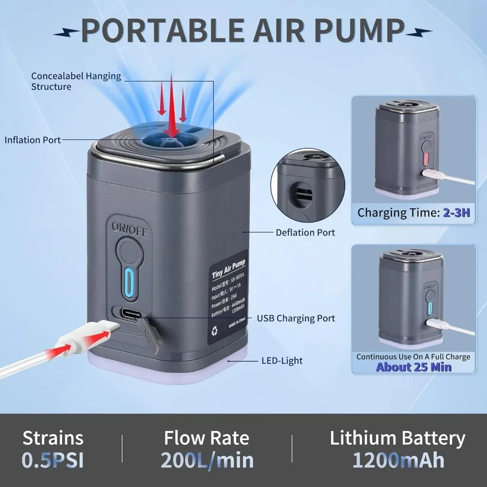 Vacuum Chamber Small - ミニポータブルエアポンプ、1300mAhバッテリー搭載、USB充電式、プールフロート、エアベッド、真空収納バッグの膨張・収縮に使用可能