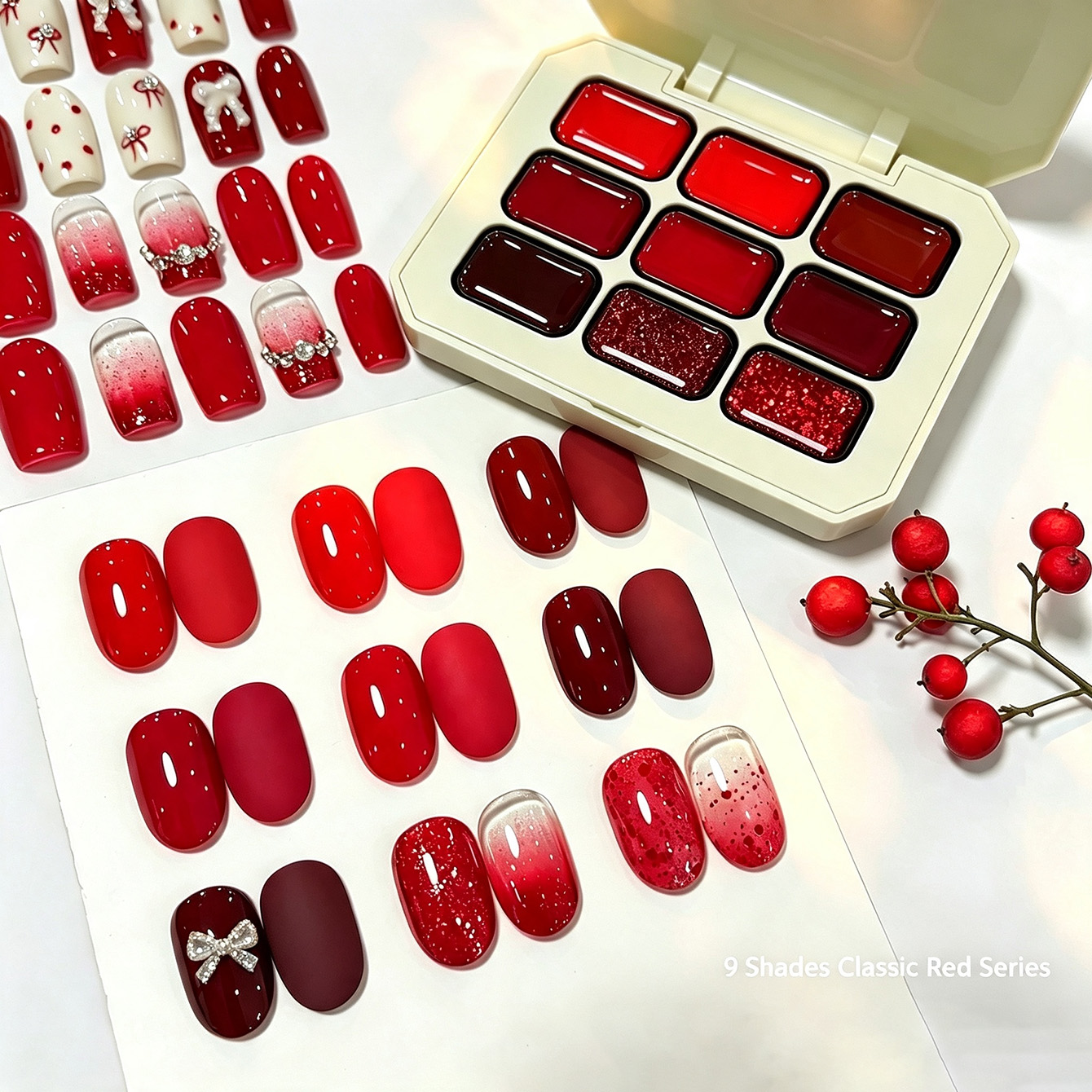 Resin Glitter Pack - 9色展開のクラシックレッドソリッドネイルジェル、パットパットジェル、クリスマス・新年用チェリーレッドグリッターネイルポリッシュセット（ネイルサロン向け）