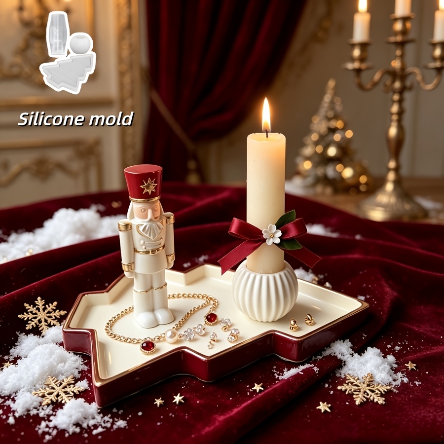 Silicone Mold Tray - くるみ割り人形兵士の球体型シリコンモールド3個セット、クリスマスツリートレイ、家の装飾、工芸品、石膏セメントモールド、再利用可能