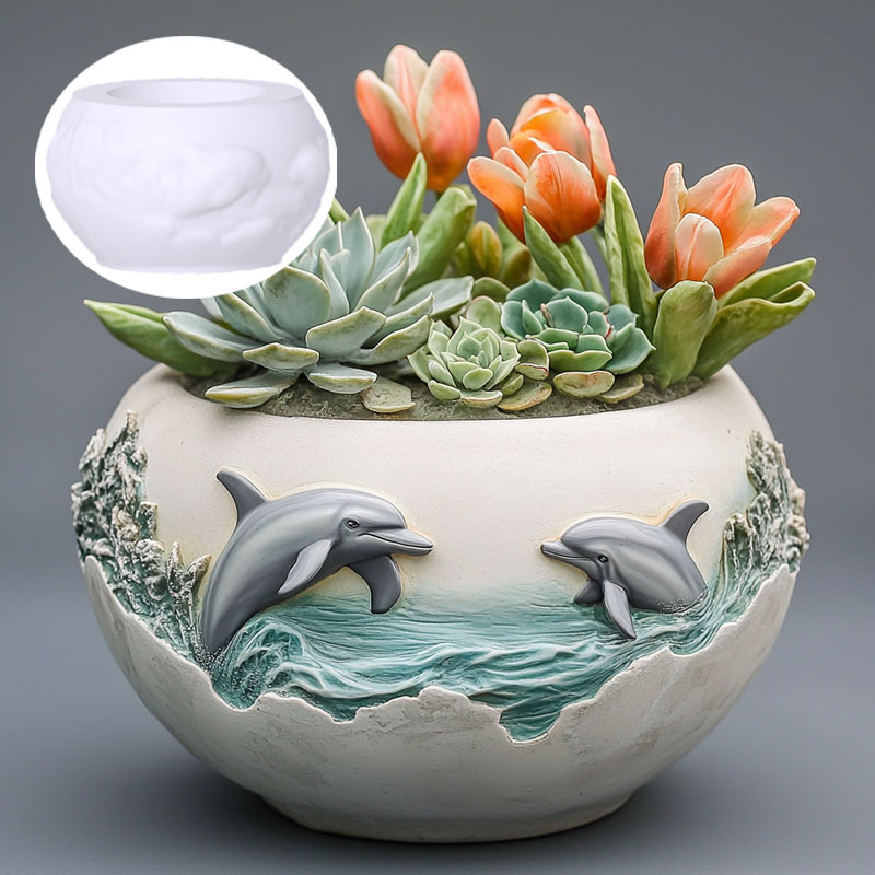 Resin Ocean Wave Mold - カップルイルカレリーフ多肉植物植木鉢樹脂シリコーン型海の波動物イルカ収納ボックスキャンドルカップ石膏型