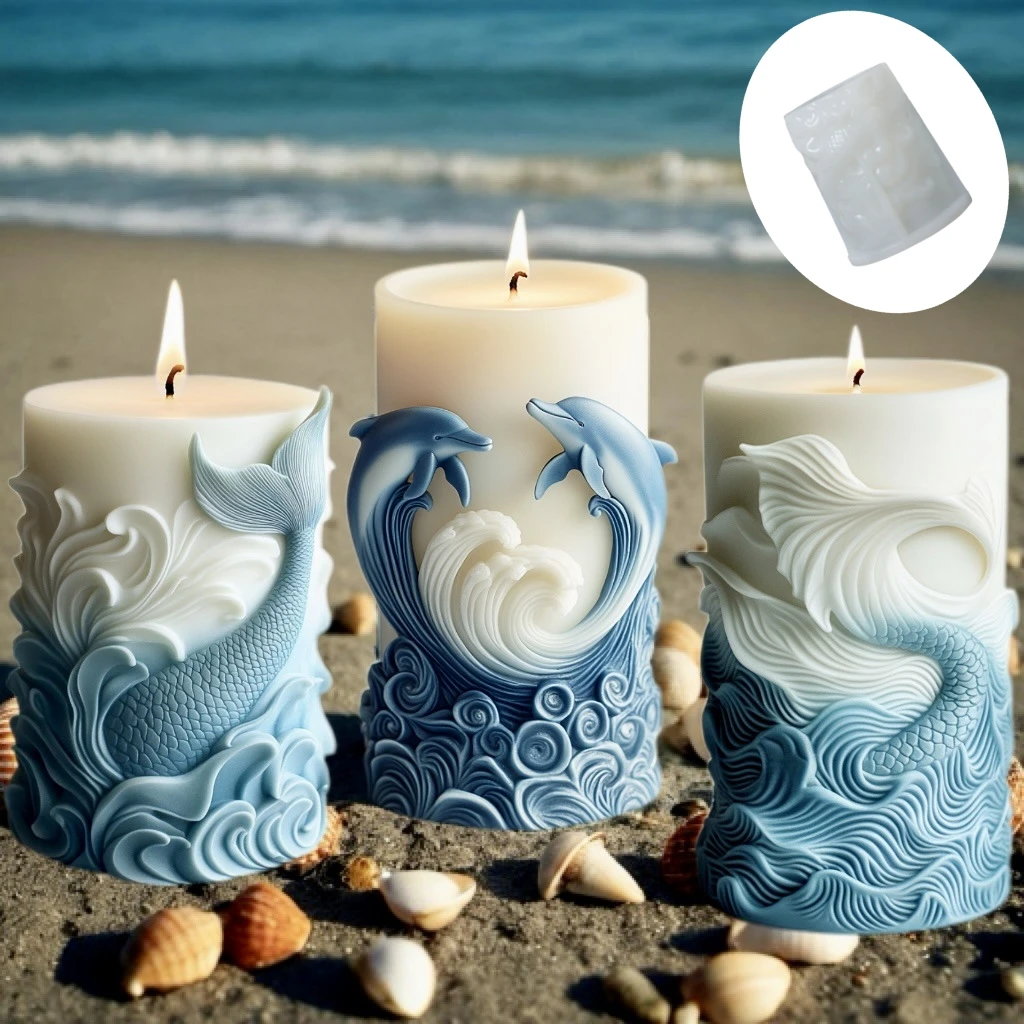 Resin Ocean Wave Mold - 円筒形シリコンキャンドルモールド,日曜大工,海の波,泡円筒形,海,クジラ,イルカ,レリーフ,家の装飾,石膏樹脂